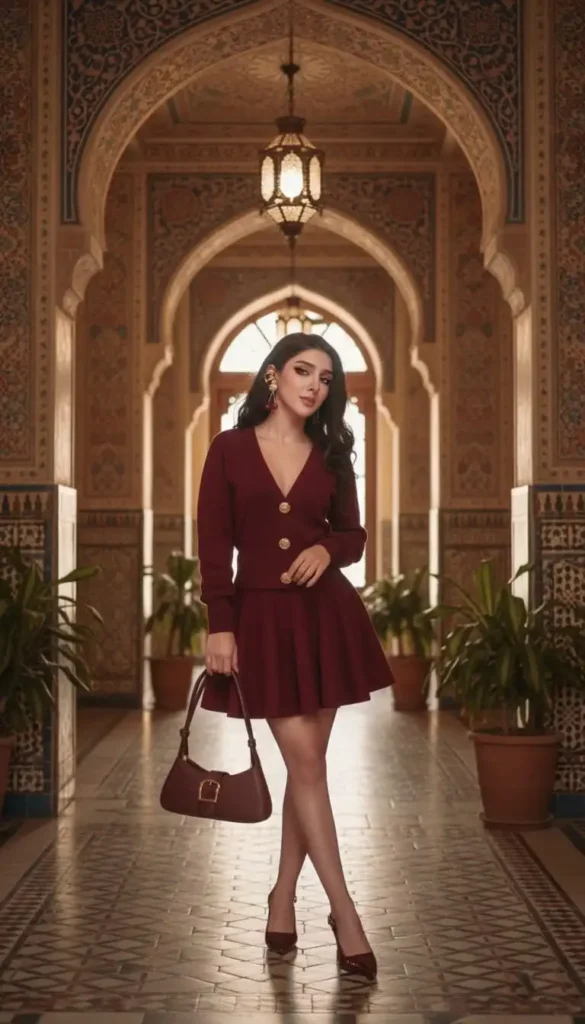 girl in V-Neck Cardigan with Bold Gold Buttons