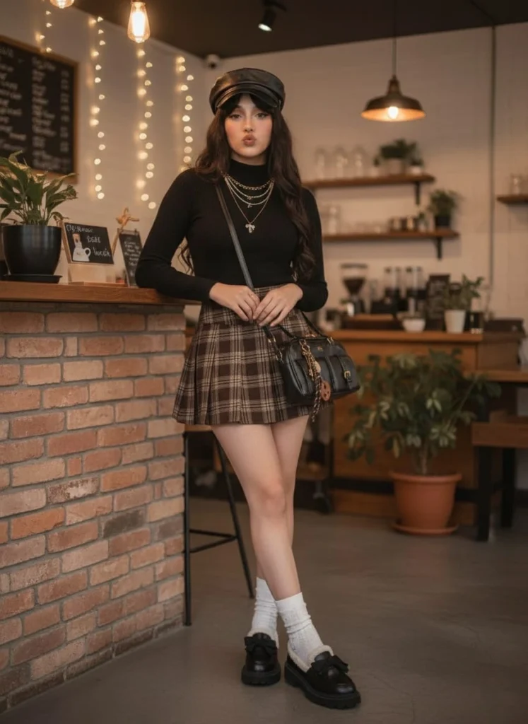 A fitted, black female turtleneck sweater or long-sleeve top