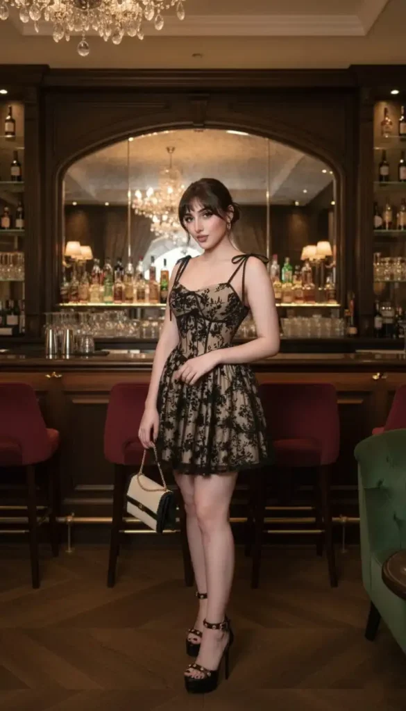 A girl in black and nude lace mini-dress