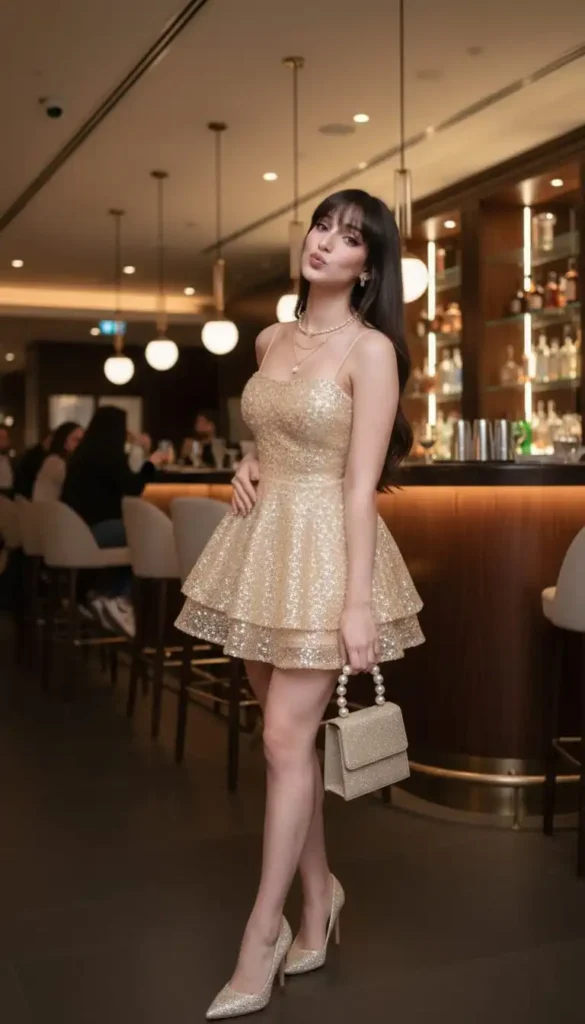 A girl in gold sequined mini dress