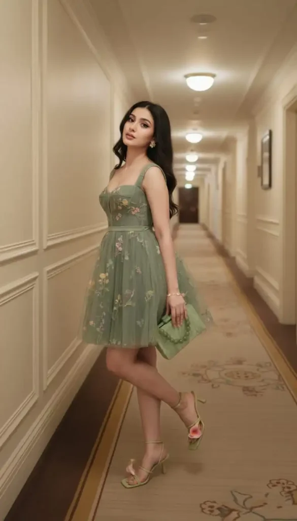 A girl in sage green mini dress