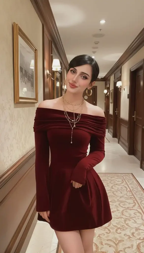 a girl in deep maroon velvet dress