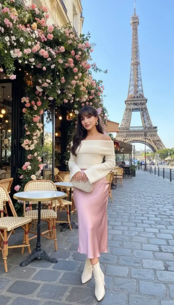 a girl in cozy sweater with shiny skirt