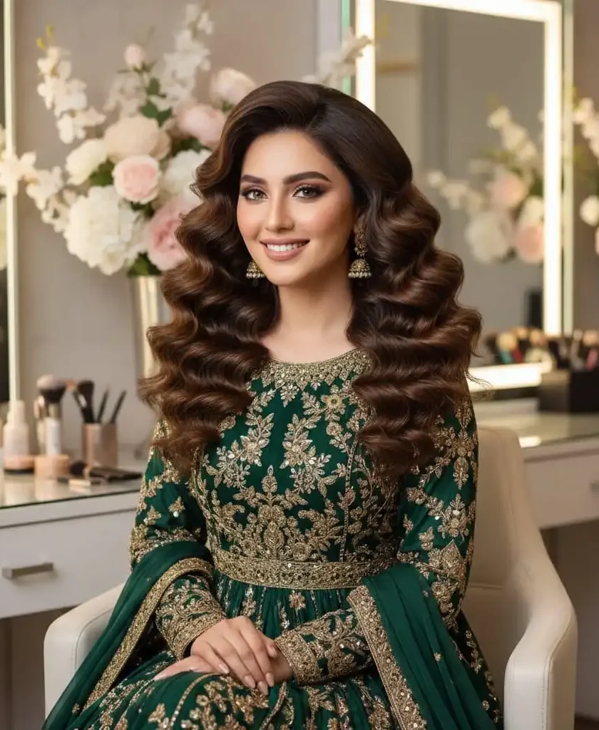 Woman with long brunette hair styled in deep, structured Hollywood waves wearing a green embroidered dress.