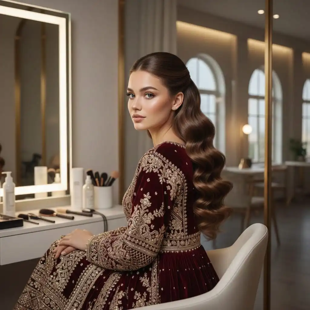 Sculpted S-pattern vintage waves on a woman with long dark hair wearing a maroon velvet dress.