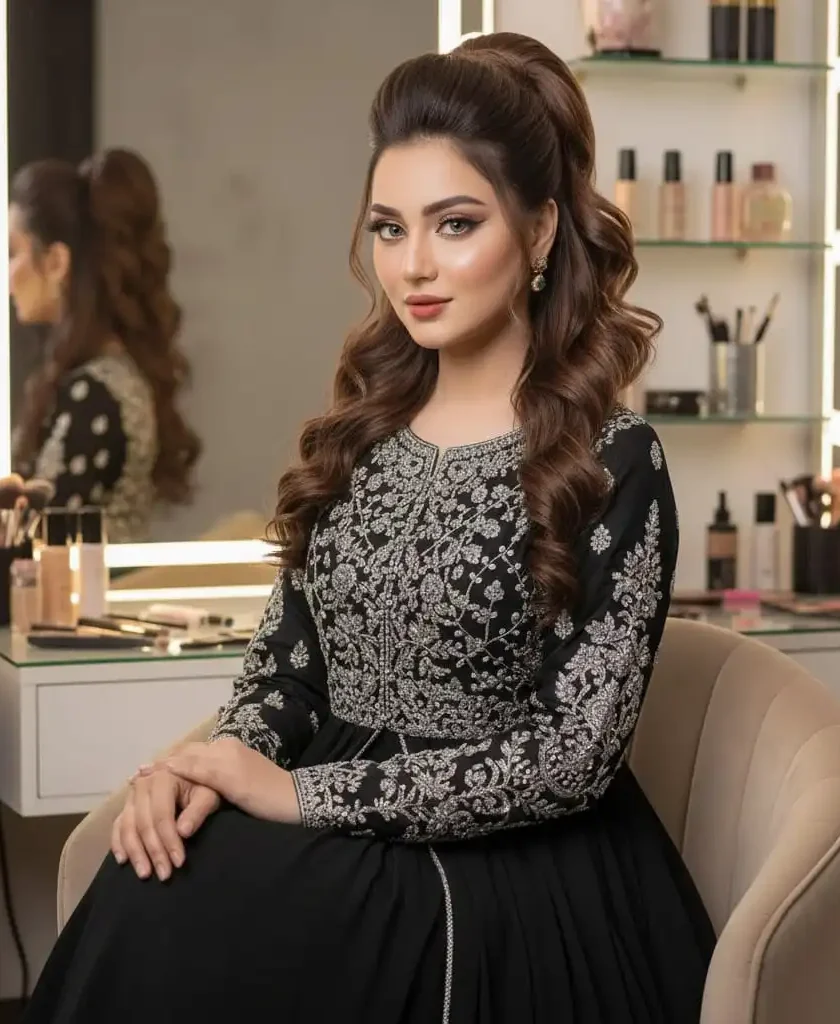 High-volume half-up half-down hairstyle with bouncy curls on a woman sitting in a professional salon.