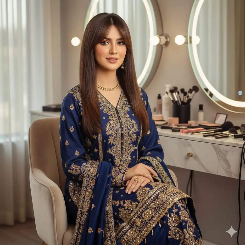Woman with long, perfectly straight dark hair and a sharp middle part wearing a navy blue traditional outfit.