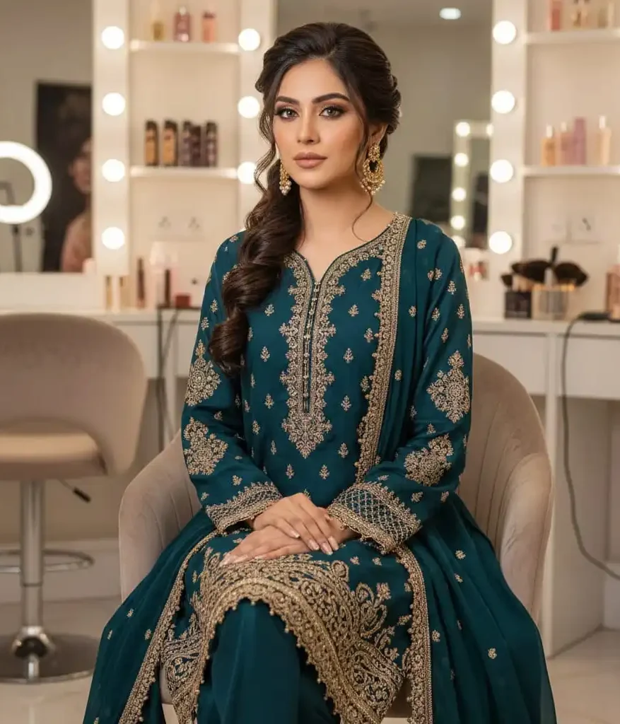 Intricate side-swept Dutch braid with voluminous texture on a woman in a teal green embroidered suit.