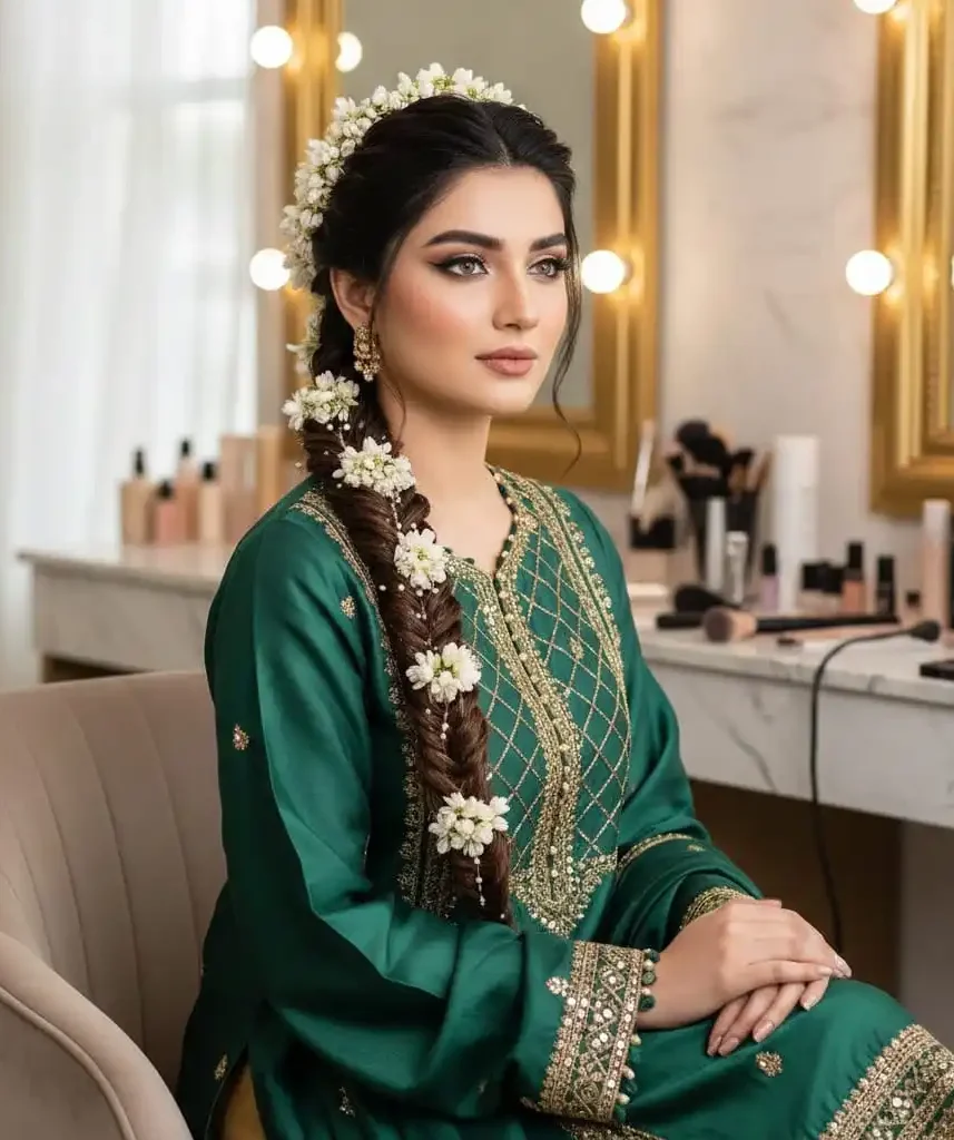 Traditional long braid for Desi weddings decorated with fresh white jasmine flowers and a floral headband.