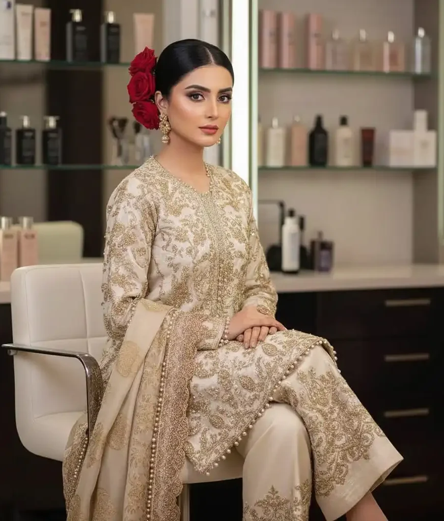 Sleek low bun hairstyle with a middle part decorated with deep red roses on a woman in a gold dress.