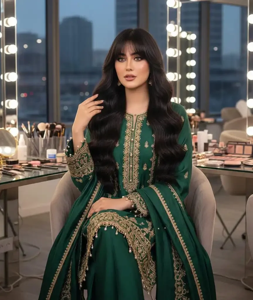 Long voluminous open waves with soft curtain bangs on a woman wearing an emerald green outfit.