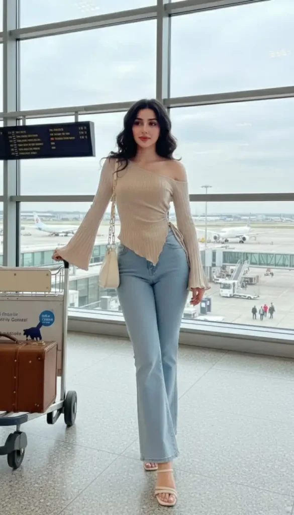 Tan off-the-shoulder side-tie knit top with light-wash flare jeans at the airport gate.