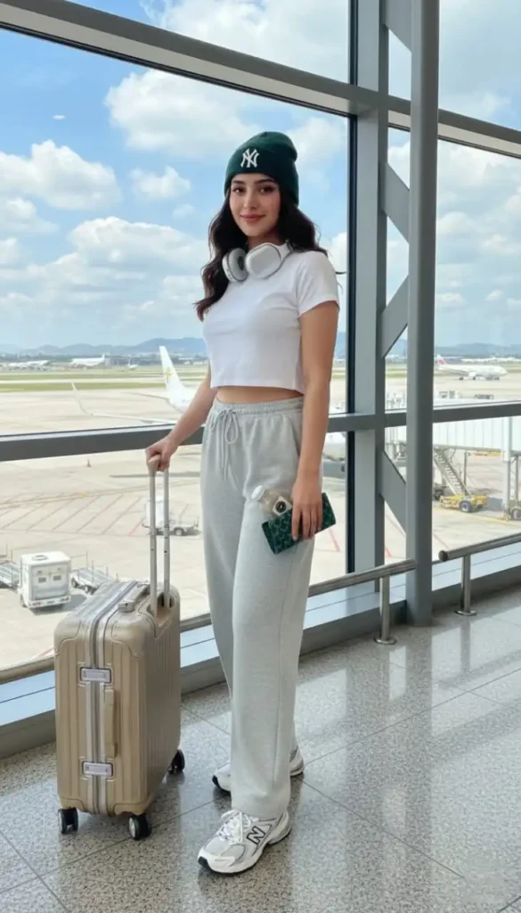 Girl in grey wide-leg sweatpants, white crop top, and green beanie with headphones as the Airport Travel Outfit.