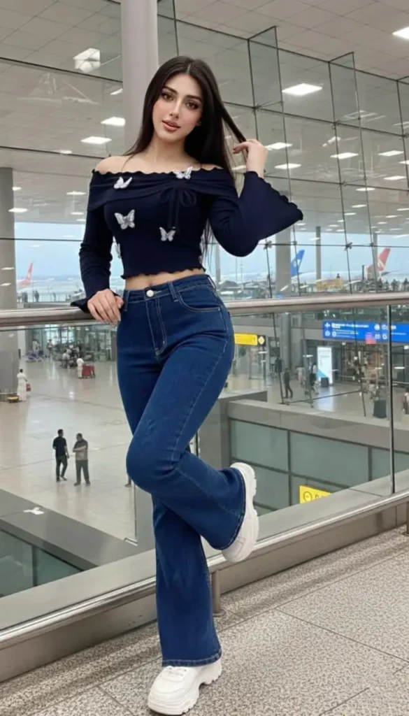 Navy off-the-shoulder butterfly top with dark-wash flare jeans and white sneakers.