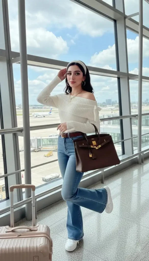 White off-the-shoulder sweater with bows, blue jeans, and a brown leather bag at the terminal.