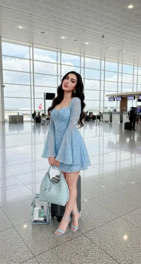 Light blue floral mini dress with bell sleeves and a matching blue handbag for travel.