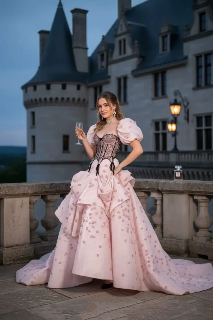 Woman in pink floral ball gown with black lace corset holding a glass at a castle.