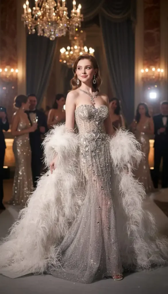 Woman walking in silver crystal gown with large feather sleeves and train.