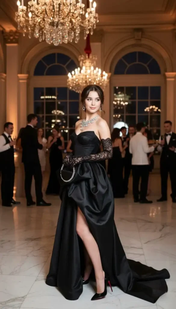 Elegant woman in black strapless ball gown with leg slit and diamond necklace.