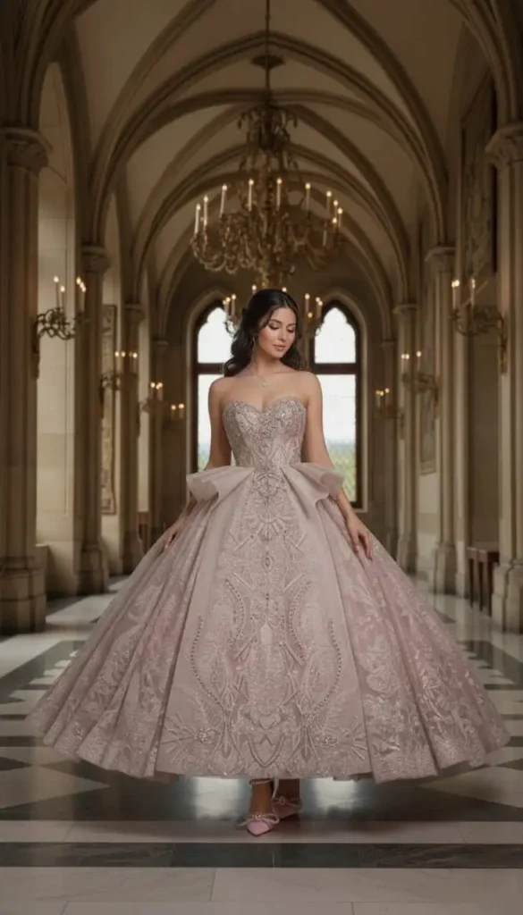 Grand champagne colored ball gown with tone-on-tone embroidery in a cathedral.