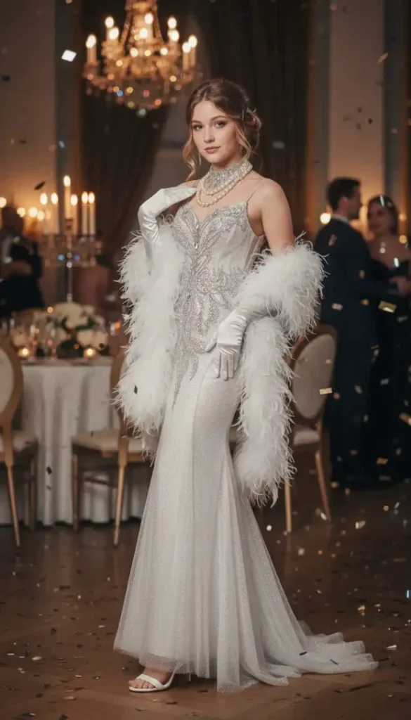 Vintage style silver gown with white feather boa and satin gloves.