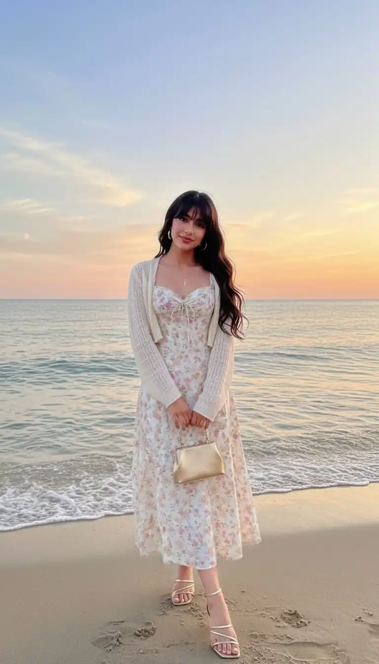 Romantic pink floral midi dress with a cream cardigan at sunset by the ocean.