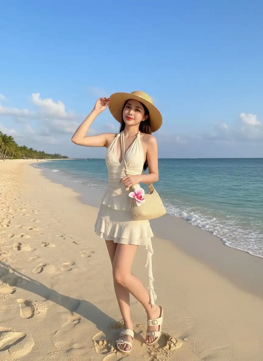 Woman in a white tiered halter mini dress with a straw hat on a sunny beach.