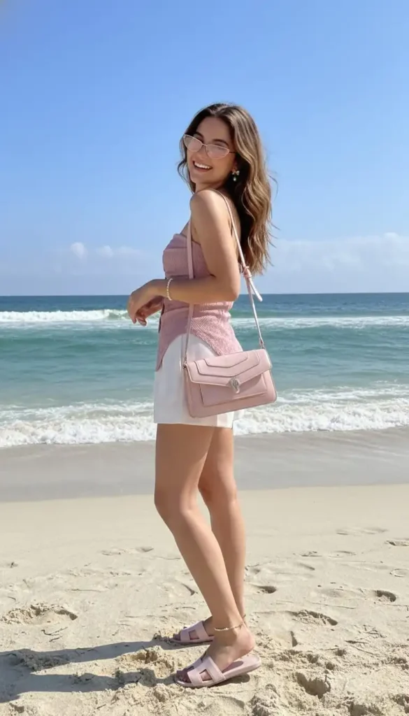 Fitted pink top and matching side-tie skirt with pink sandals.