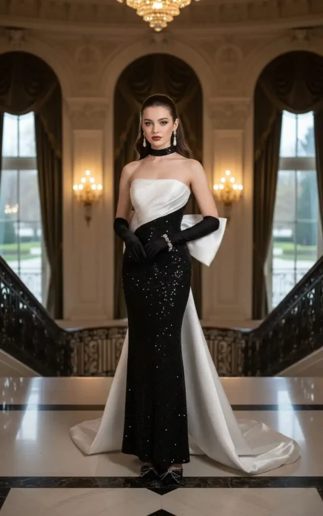 Elegant black and white satin column gown with a large back bow and slicked-back bun hairstyle.