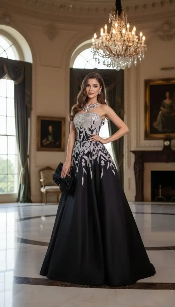 Strapless black ballgown featuring silver vine embroidery and soft Hollywood wave hairstyle.
