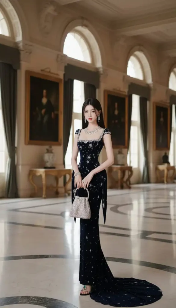Square-neck black velvet evening gown with silver celestial star print and sleek straight hair.