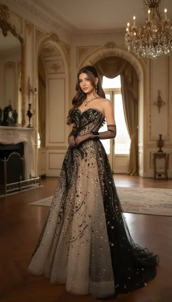 Dramatic corset gown fading from black to champagne gold glitter with half-up hairstyle.