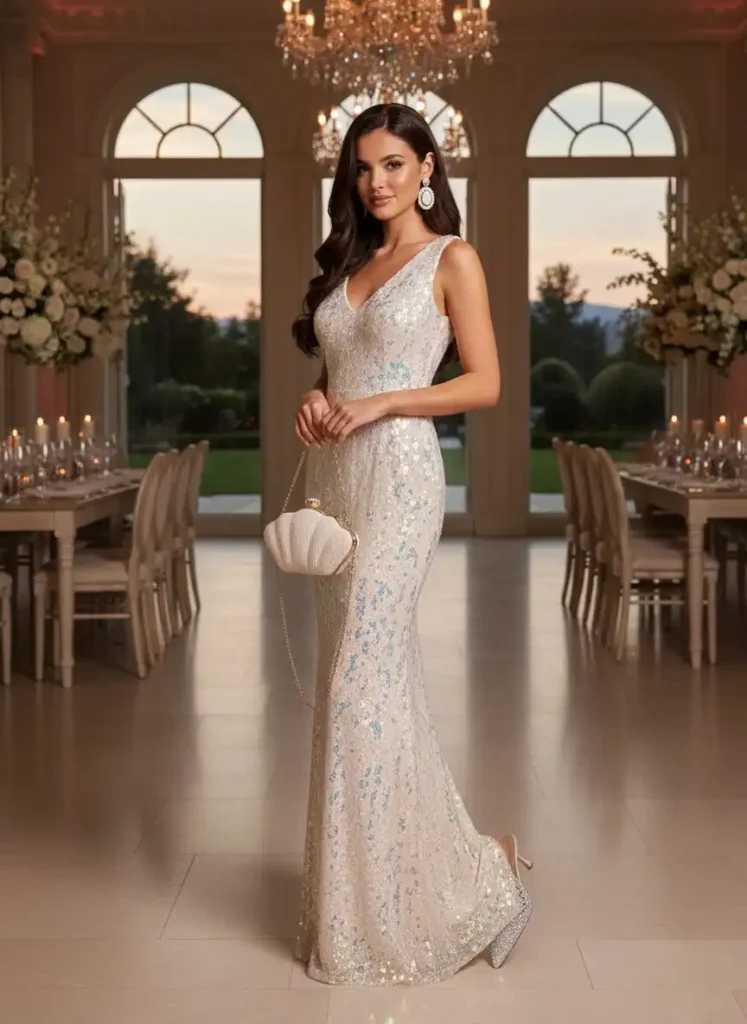 Iridescent white and silver sequin mermaid bridesmaid gown with shell clutch.