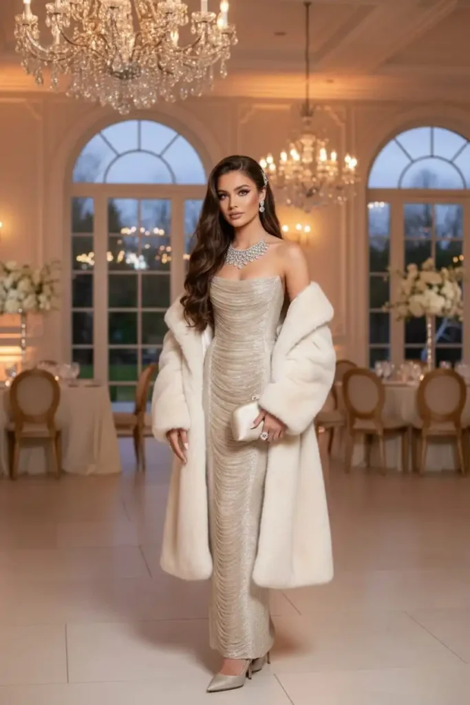 Champagne textured strapless evening gown worn with luxe white fur coat.