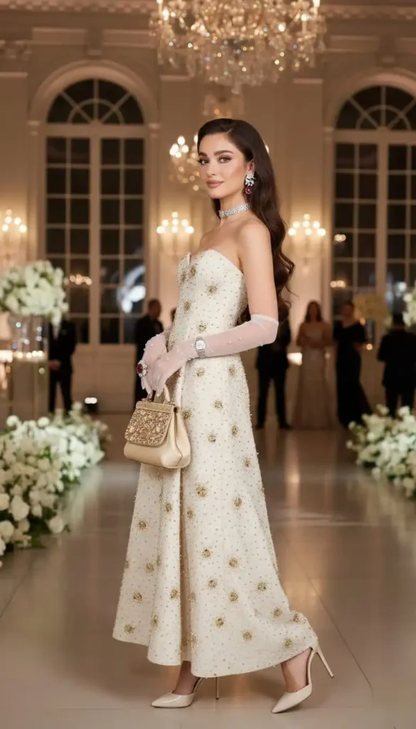 Vintage cream tea-length dress with gold beading and sheer opera gloves.
