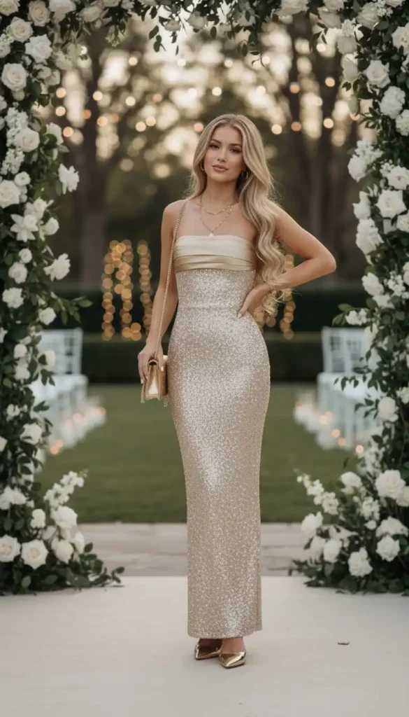 Champagne gold full sequin strapless gown for glamorous wedding party.
