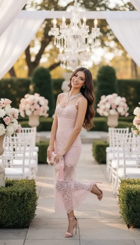 Romantic pink lace bridesmaid dress with sheer skirt and spaghetti straps.
