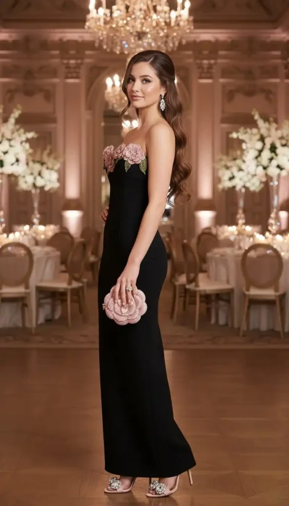Black strapless column gown with 3D pink floral applique on bodice.