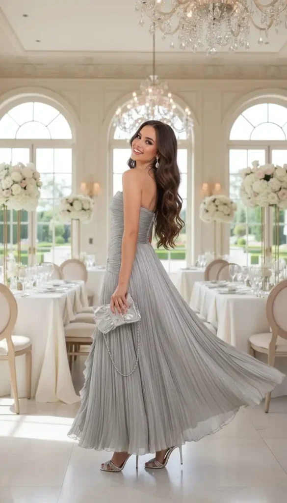 Grey silver pleated strapless gown flowing with movement and metallic clutch.