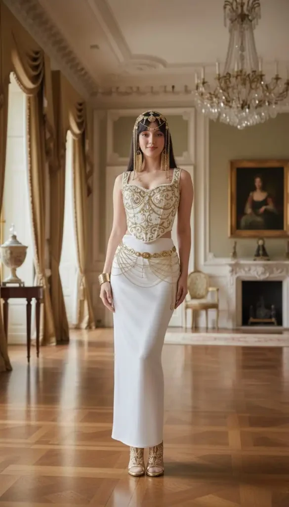 Woman in white and gold embroidered corset with gold headpiece and long white skirt.