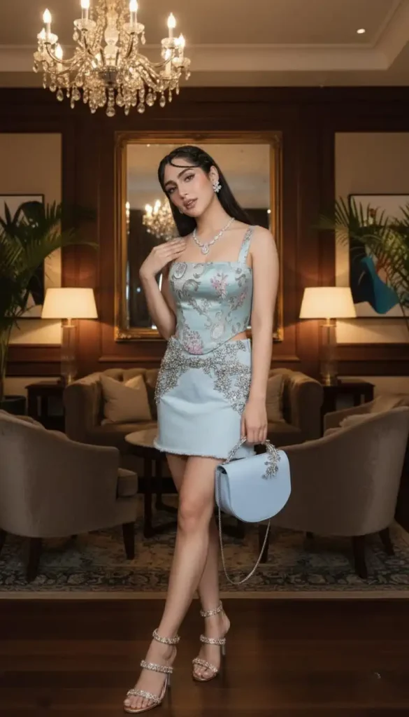 Woman in light blue floral brocade corset top and matching mini skirt with blue bag.
