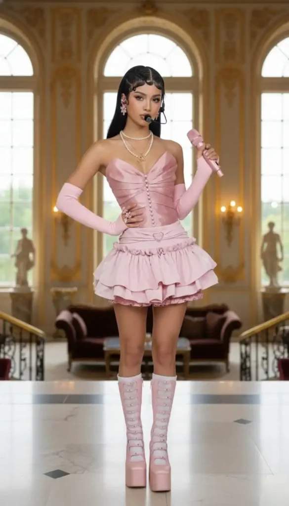 Woman in pink satin corset top, ruffled mini skirt, and tall pink platform boots.
