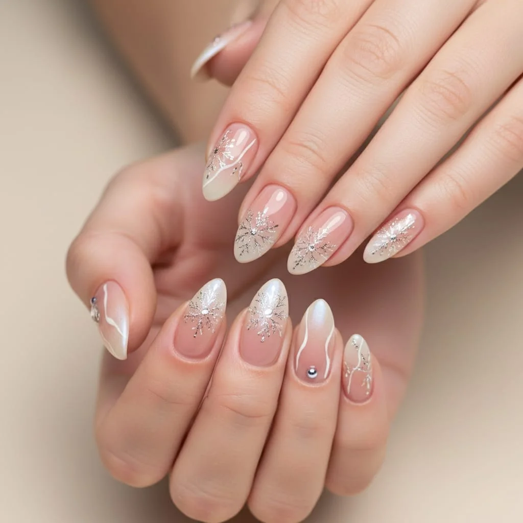Almond-shaped nails with nude base, white snowflakes, and silver glitter fade.