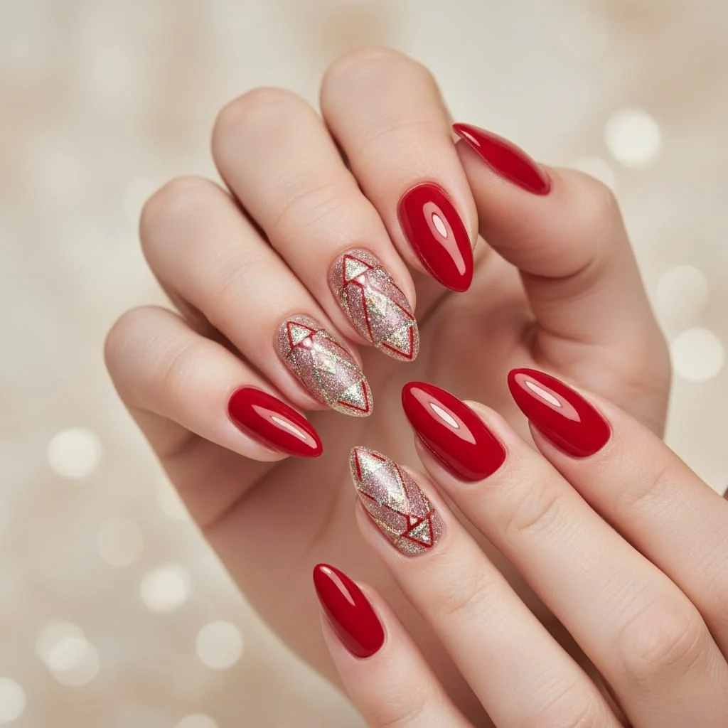 Deep red almond nails with gold and silver geometric art deco patterns.
