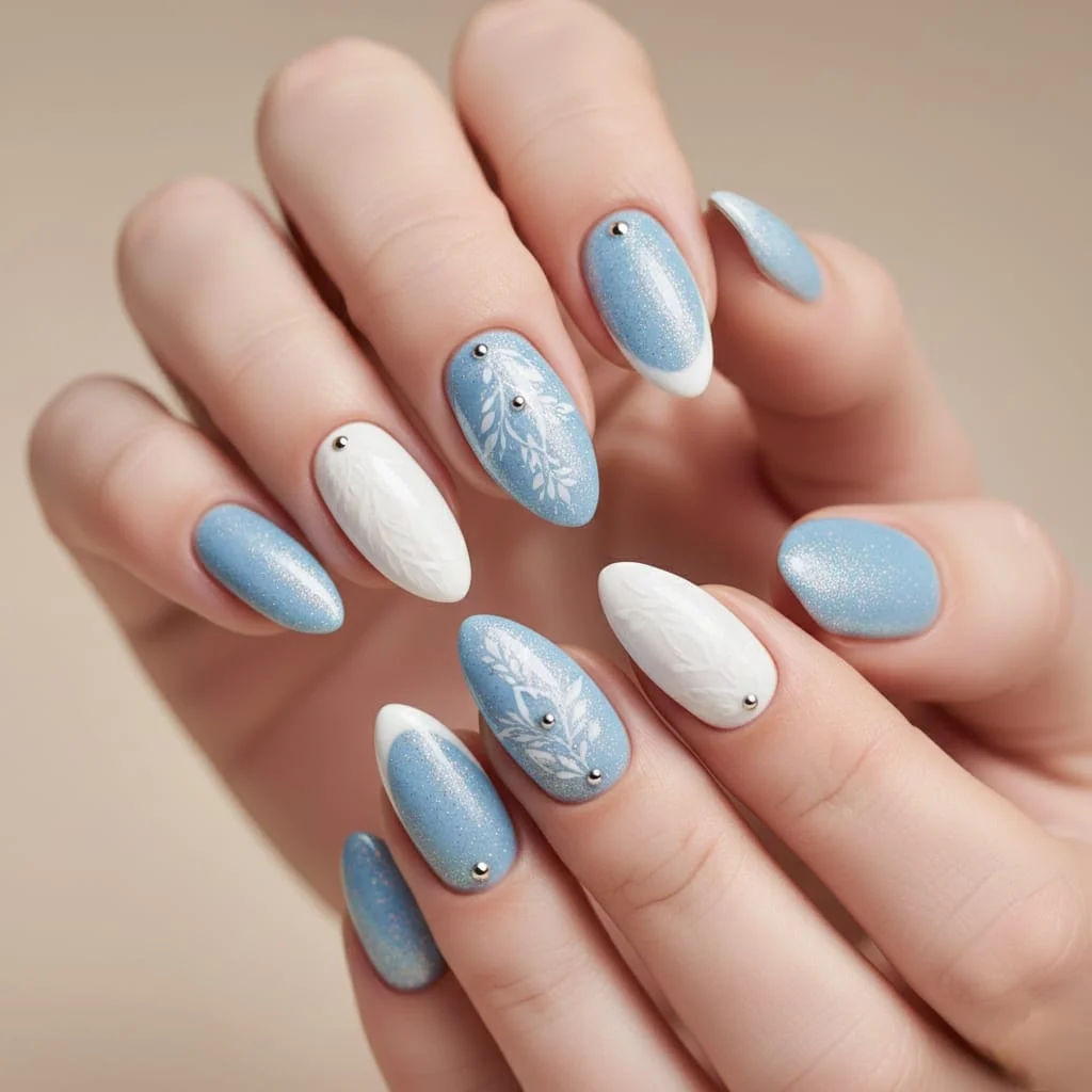 Icy blue and white winter nails featuring 3D cable knit sweater texture.