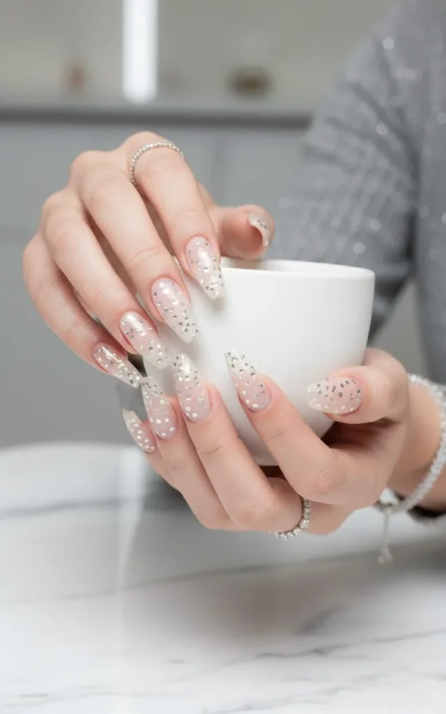 Long sheer coffin nails with scattered crystal rhinestones in a gradient pattern.