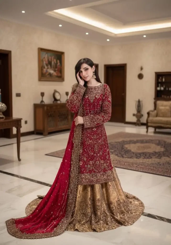 Woman wearing heavy red and gold embroidered sharara for a wedding