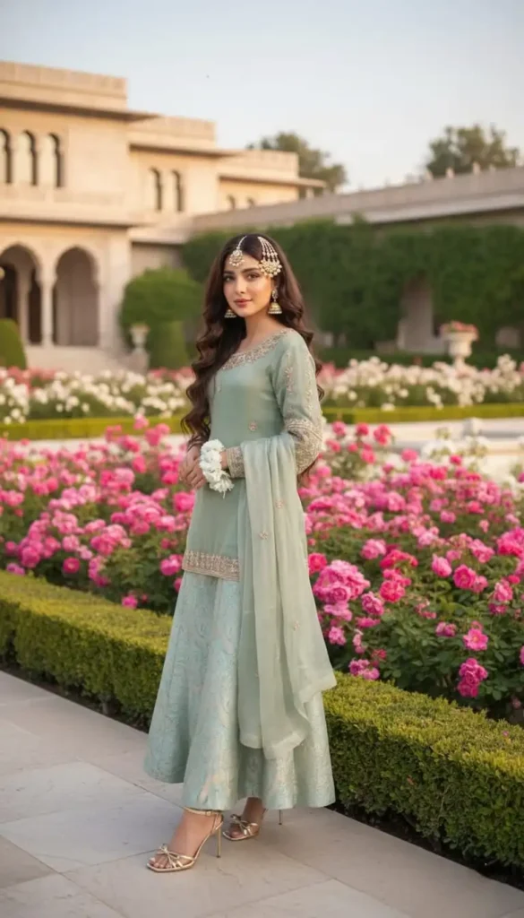 Mint green and silver sharara outfit in a garden setting.