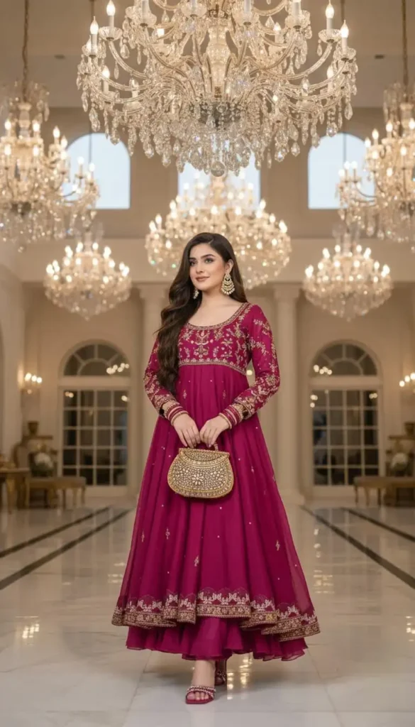Bright magenta purple anarkali frock with gold embroidery.