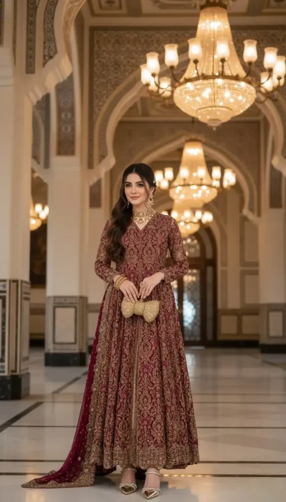 Deep maroon heavy royal gown with full gold embroidery.